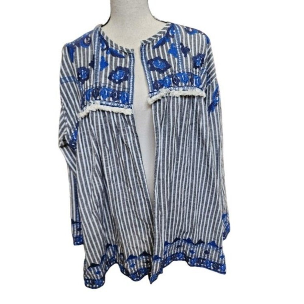 Velzera Embroidered Open Front Top Size Large Long Sleeve Stripe Ethnic Boho